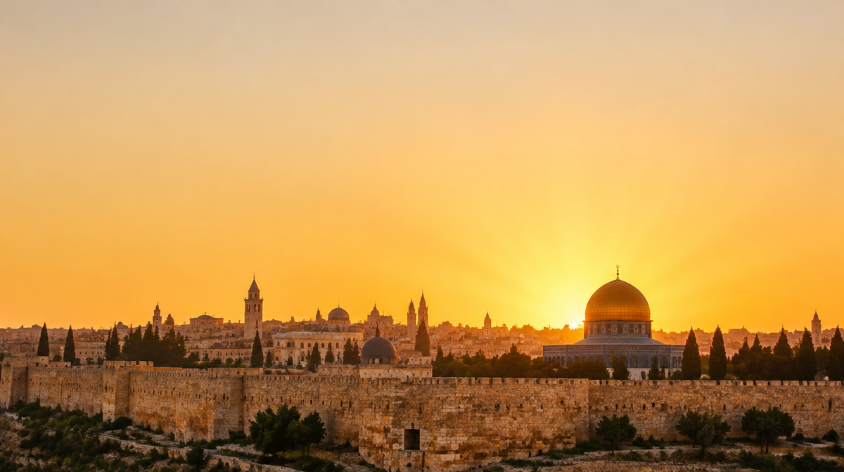 Jerusalem Old City skyline with golden light rising behind it